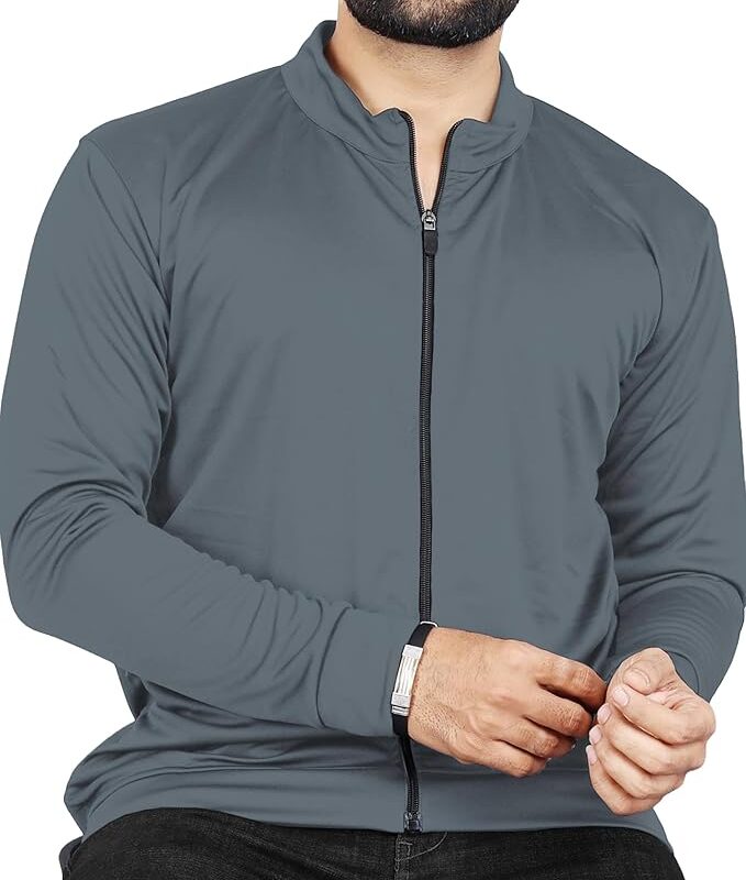 Solid Lycra Sports Jacket Long Sleeves Full Zip with Pocket Gym