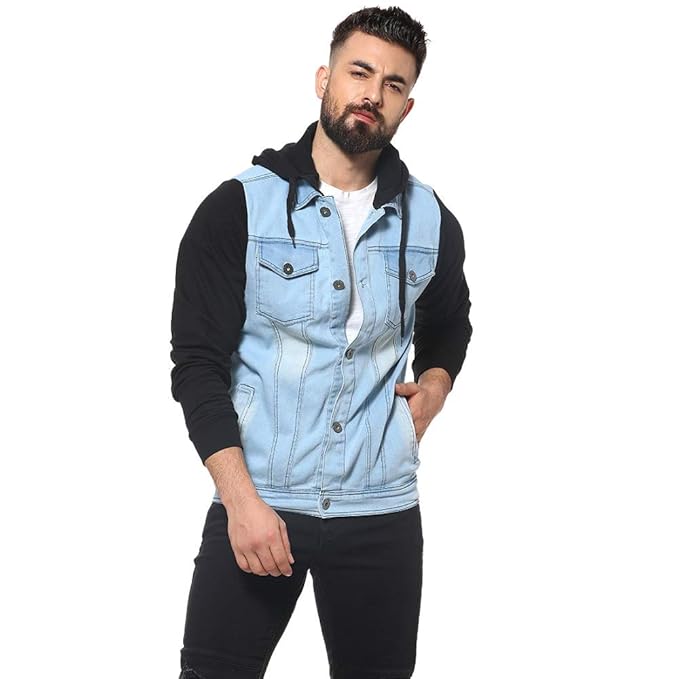 Colour-Blocked Denim Jacket with Hoodie