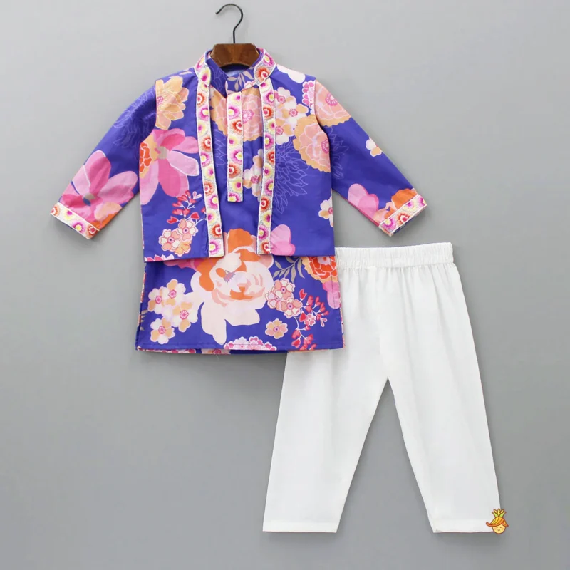 Purple Printed Kurta With Jacket And Pyjama