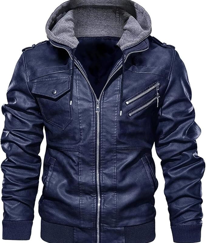 Faux Leather Hooded Motorcycle Jacket, Zip-Up, with Pockets