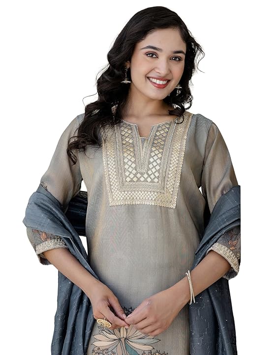 Women's Silk Blend Thread Work Embroidered A-Line Kurta Pant With Dupatta